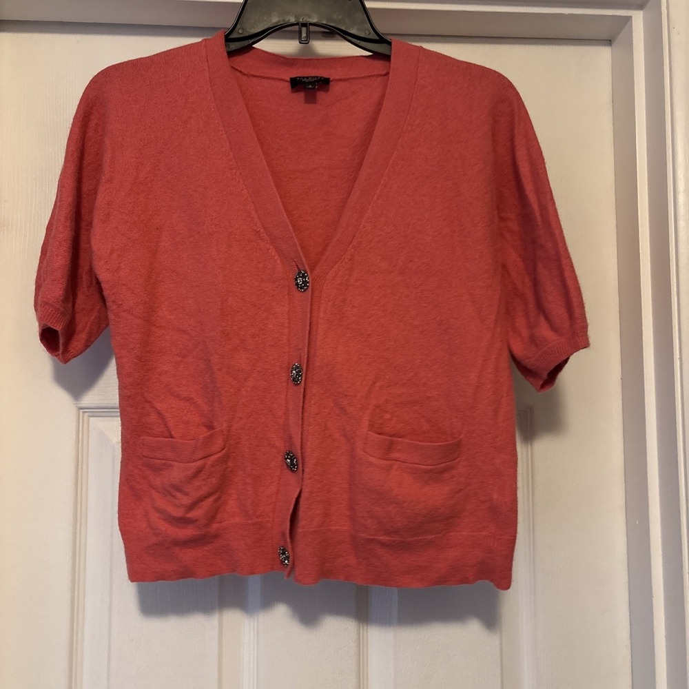 Talbots Wool Cashmere Angora Short Sleeve Pink Cardigan Rhinestone Button PS